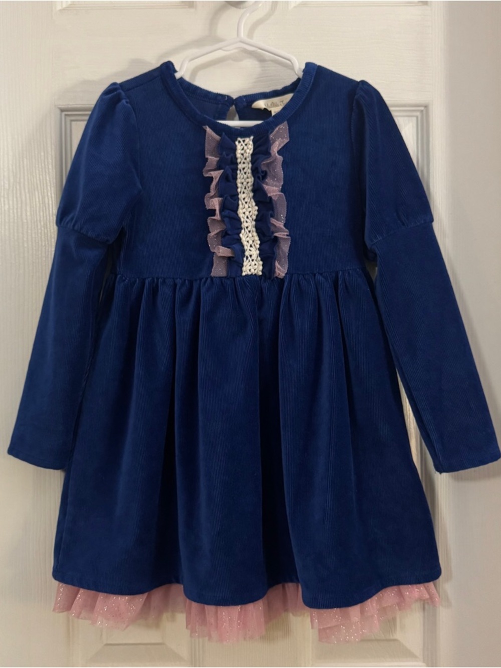 Matilda Jane Baby Girl Navy Blue Velvet Dress with Pink Tulle & Cream Lace